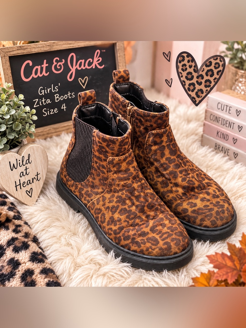 🐆 Cat & Jack Girls Zita Leopard Print Chelsea Boots Size 4 EUC